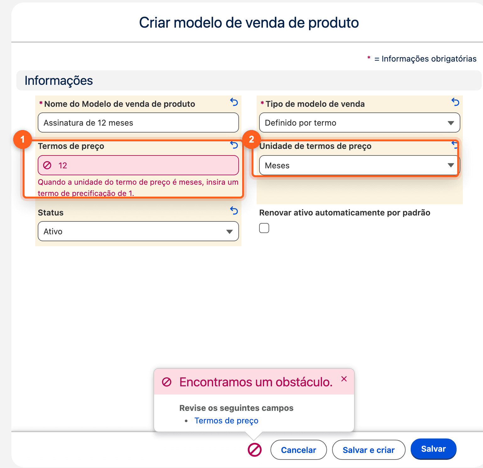 Selling Model recusado: "insira um termo de precificação de 1"