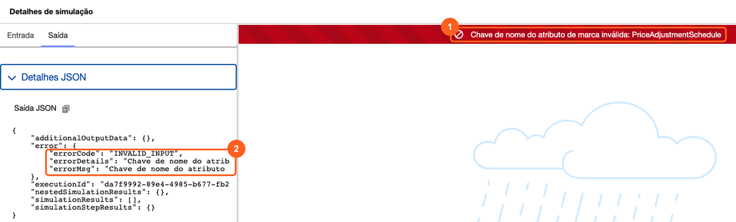 Simulador de procedimento de precificação com a faixa vermelha Chave de nome do atributo de marca inválida PriceAdjustmentSchedule e o JSON de saída com errorCode INVALID_INPUT