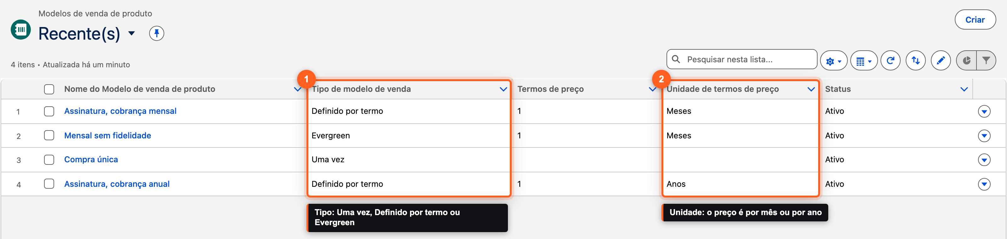 Lista de Modelos de venda de produto na org Winter '27 com quatro modelos: Assinatura cobrança mensal, Mensal sem fidelidade, Compra única e Assinatura cobrança anual, com destaque nas colunas Tipo de modelo de venda e Unidade de termos de preço