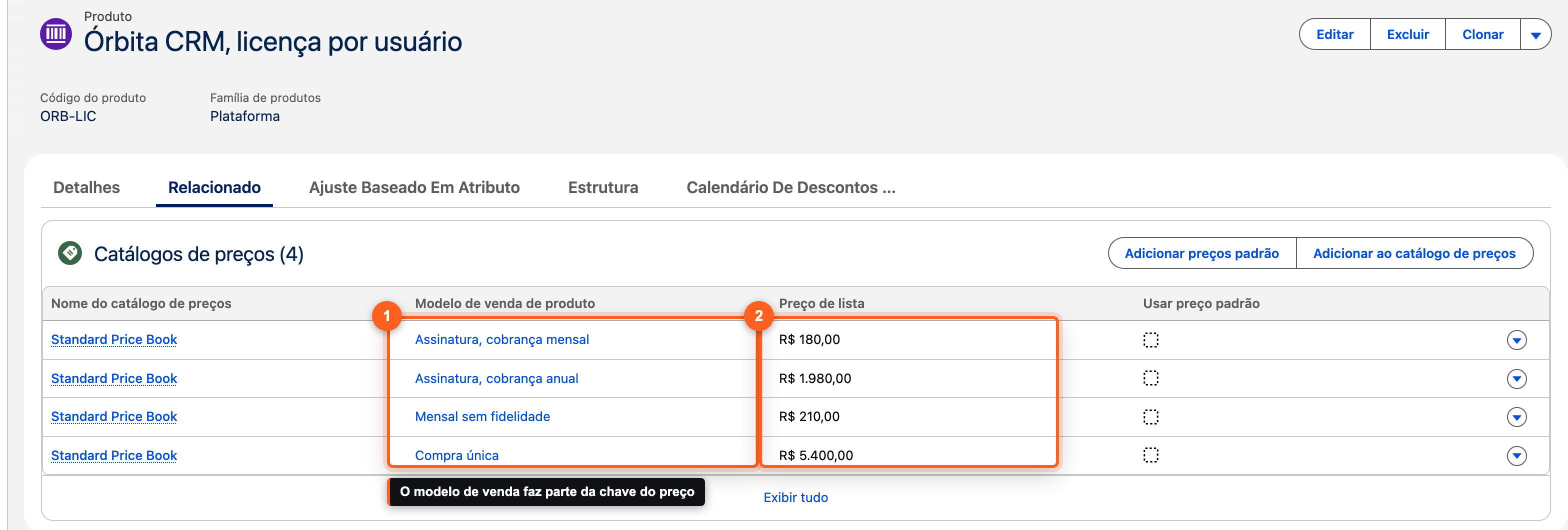 Guia Relacionado do produto Órbita CRM licença por usuário, com quatro entradas na Standard Price Book, uma por modelo de venda, com preços de R$ 180, R$ 1.980, R$ 210 e R$ 5.400