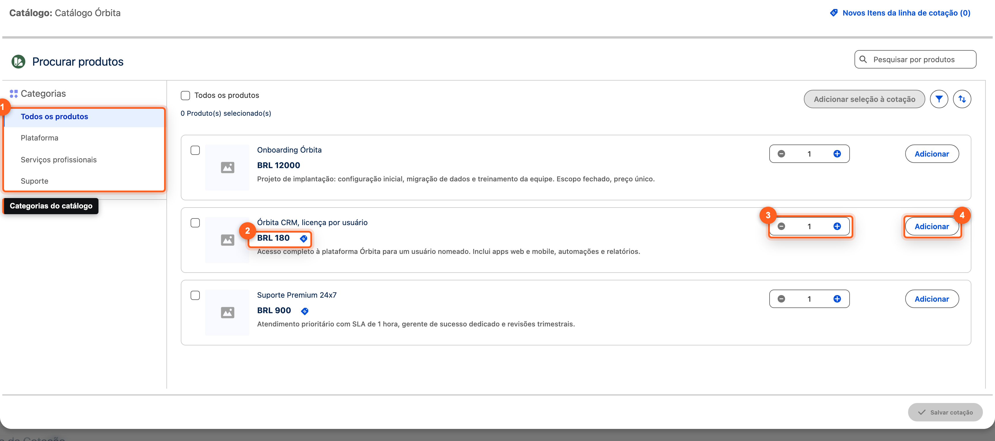 Janela do Catálogo Órbita com categorias à esquerda e três produtos com preço de lista, seletor de quantidade e botão Adicionar