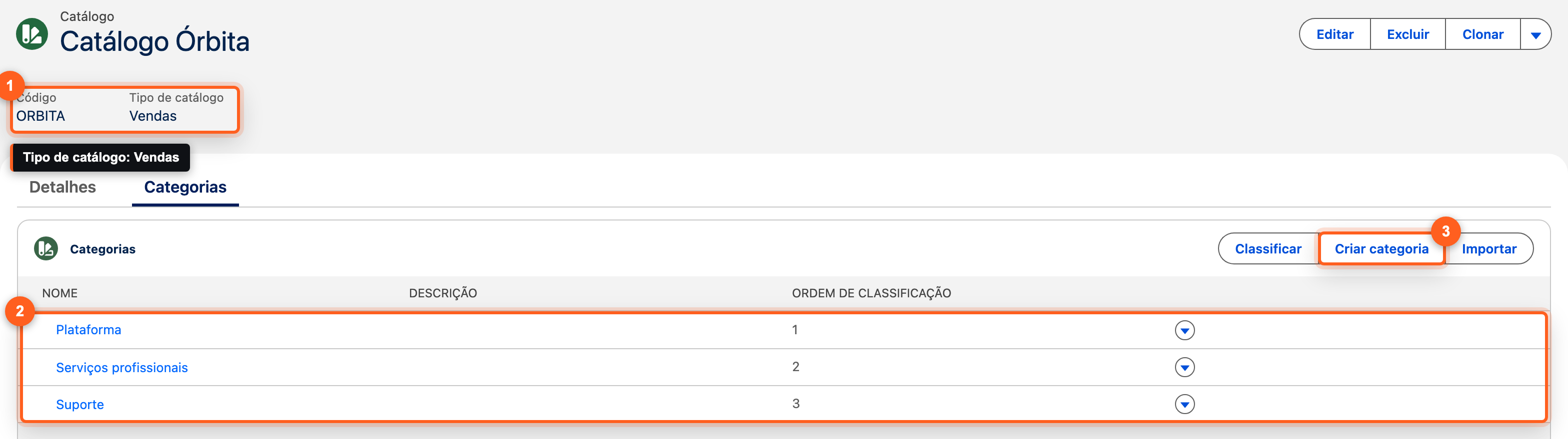 Catálogo Órbita com as categorias Plataforma, Serviços profissionais e Suporte